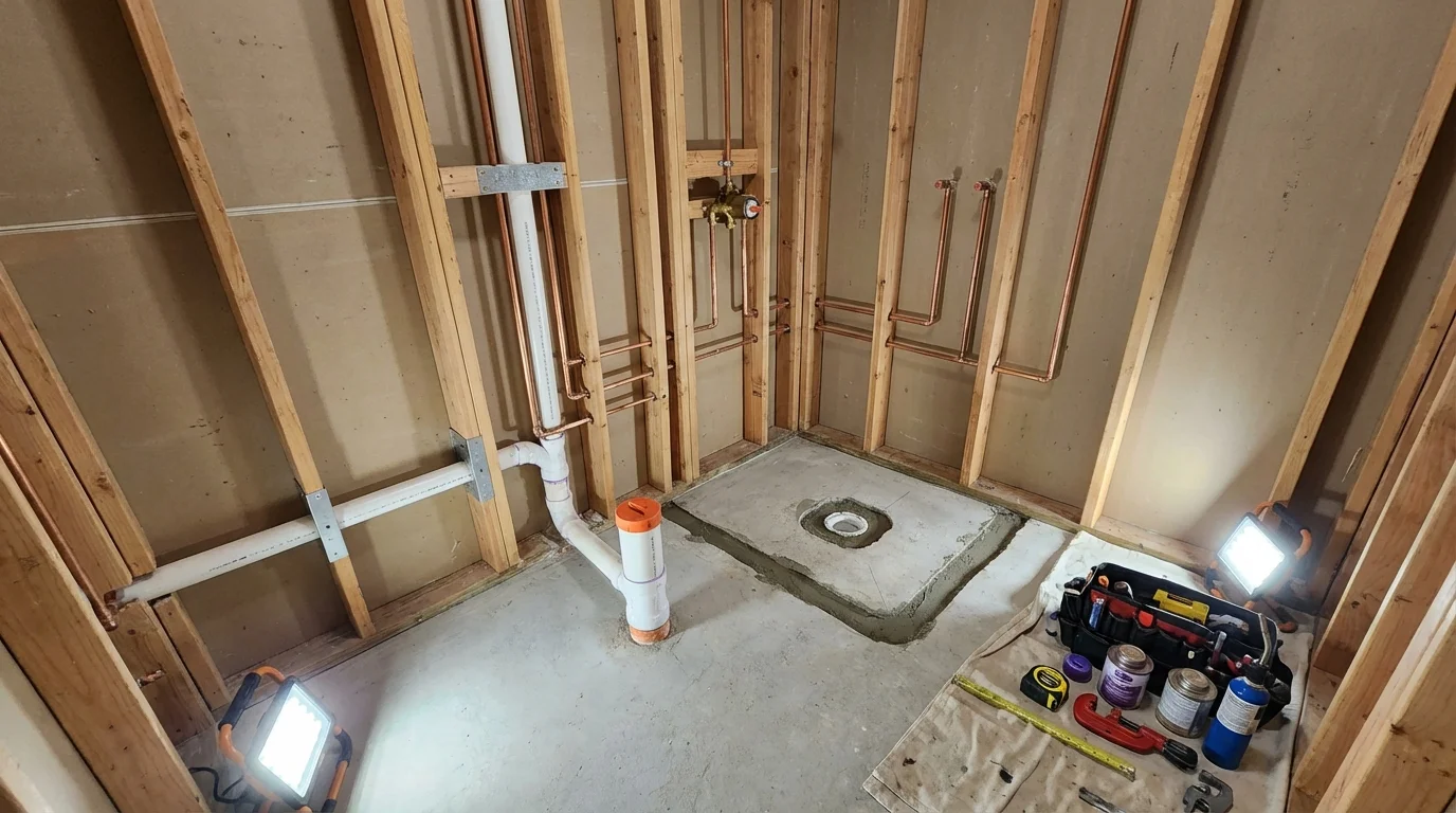 Bathroom rough-in plumbing during remodel by Johns Plumbing LLC in Moss Point