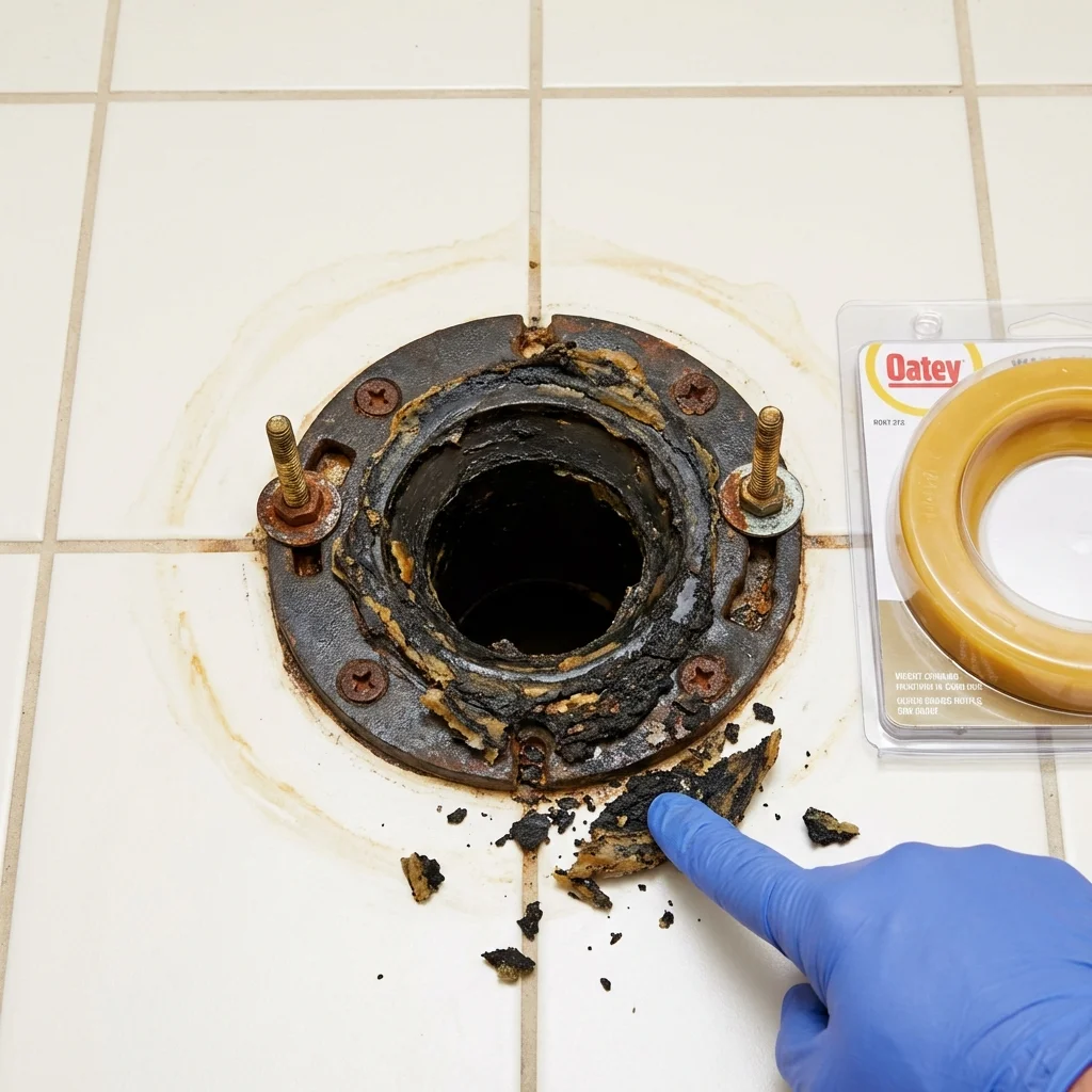 Failed wax ring showing water seepage at the base of a toilet in a Moss Point, MS home