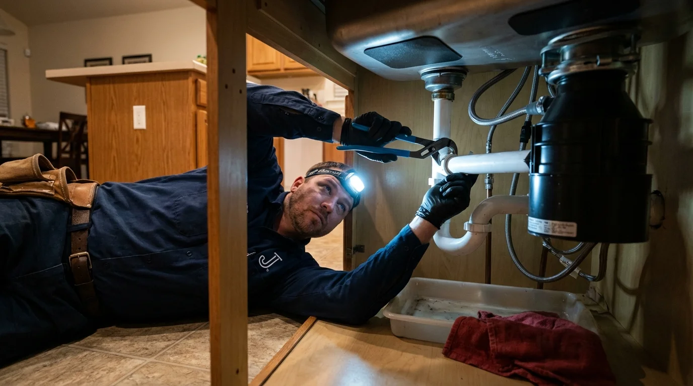 P-trap and supply line connections under a kitchen sink showing a common leak point in Moss Point, MS
